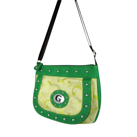 Super Brat Guess Inspired Green & Yellow Logo Shoulder Bag With Studded Details - Picture 2 of 9